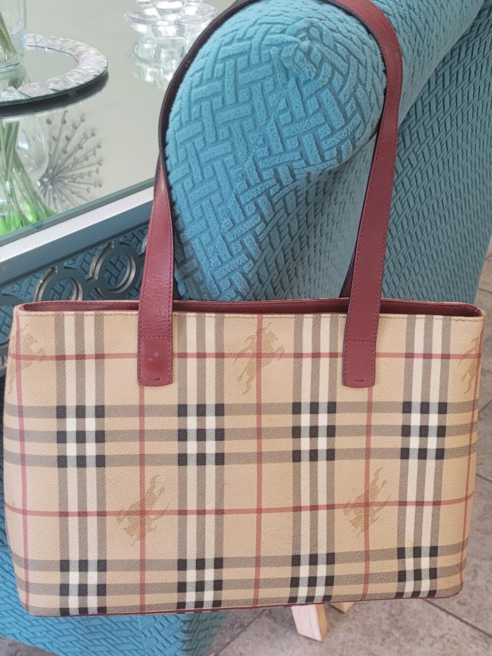 Burberry** Nova Check**Tote**with Red Leather Straps**No Cracking In The Canvas - Picture 1 of 17